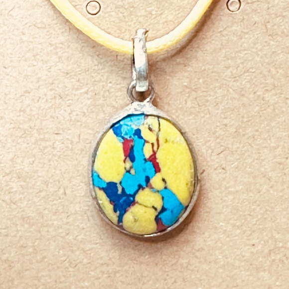 Mosaic Jasper Stone. Yellow, Blue, Purple & Red Oval Pendant EUC - Picture 2 of 5